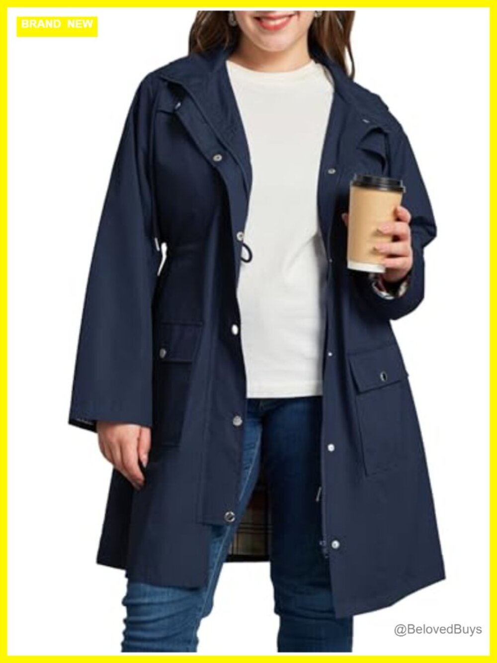 Plus Size Rain Jacket Waterproof Windbreaker Hooded Trench Coat with Pockets
